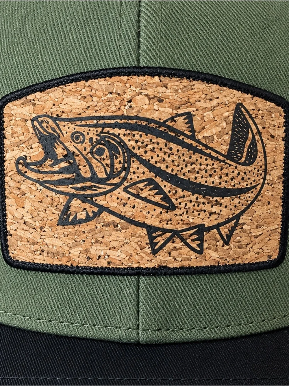 George Trout Fish Cork Patch Trucker Hat Green Black Mesh One Size